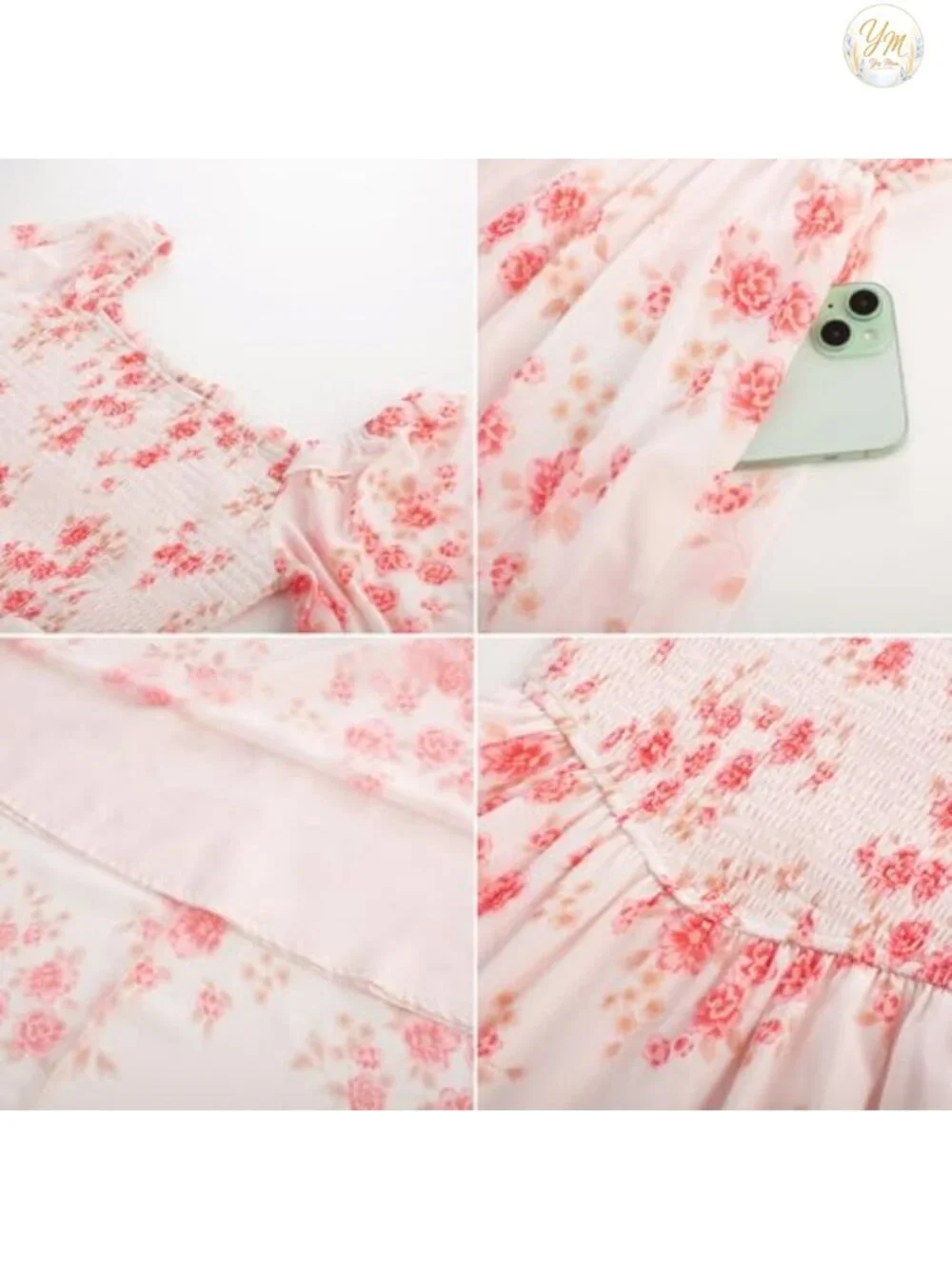 Women's Floral Puff Sleeve Chiffon Midi Dress with Pockets